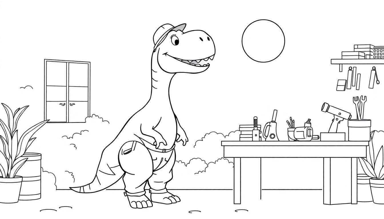 Kleurplaat van een vrolijke dinosaurus met hoed en broek, binnen in een kamer met een raam, planten, een tafel met boeken en kantoorbenodigdheden, en een zonnige achtergrond.