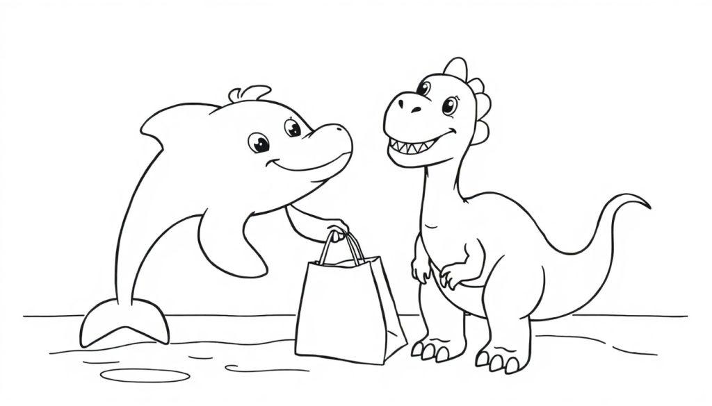 Een kleurplaat van een lachende dolfijn die een tas geeft aan een lachende dinosaurus. Beide characters zijn vrolijk en vriendelijk, in een eenvoudige zwart-wit tekening om in te kleuren.