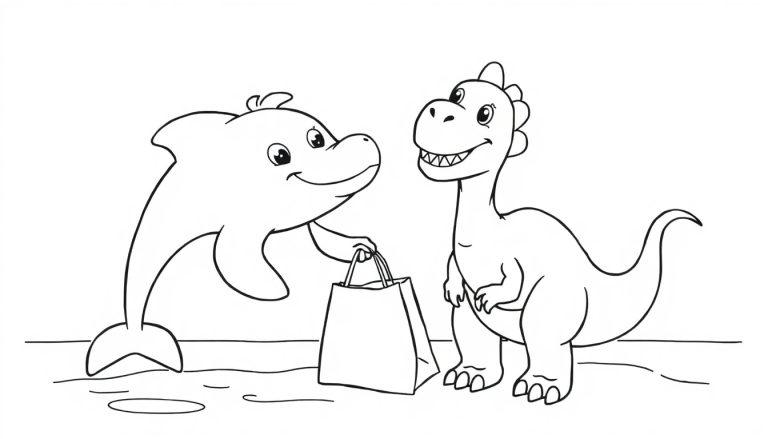 Een kleurplaat van een lachende dolfijn die een tas geeft aan een lachende dinosaurus. Beide characters zijn vrolijk en vriendelijk, in een eenvoudige zwart-wit tekening om in te kleuren.