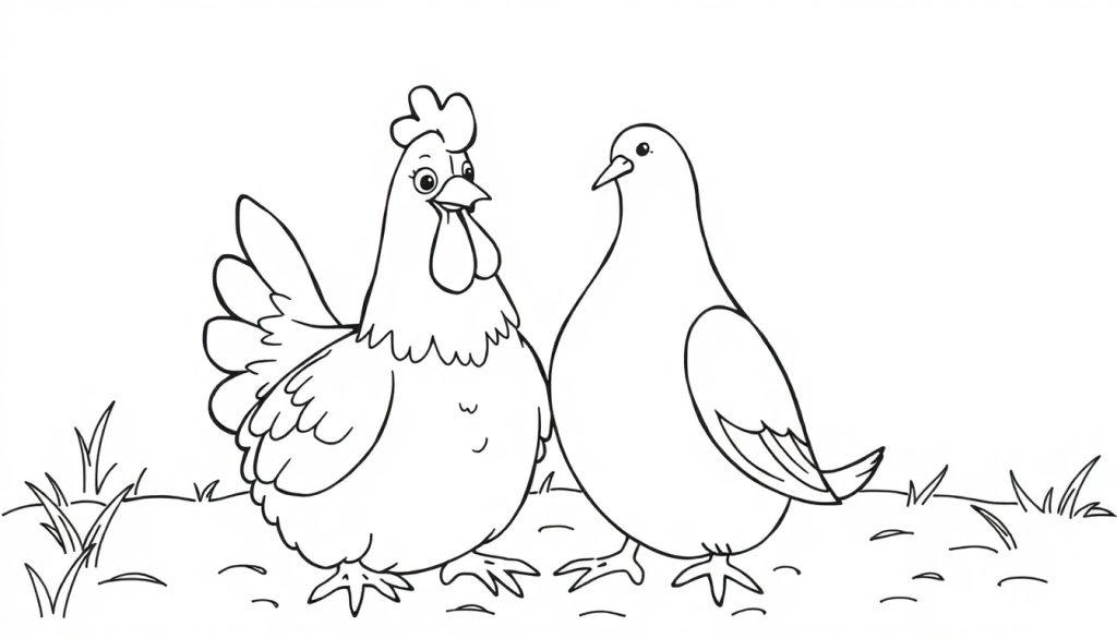 Kleurplaat van een kip en een duif die naast elkaar staan, op gras met duidelijke contouren en veren.