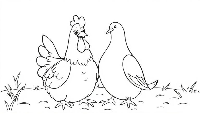 Kleurplaat van een kip en een duif die naast elkaar staan, op gras met duidelijke contouren en veren.