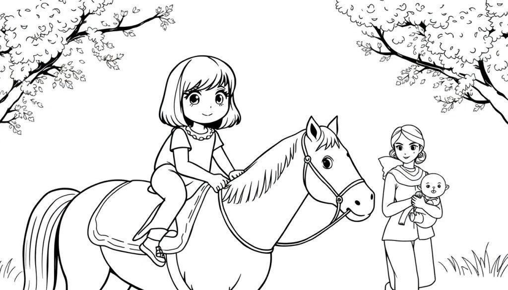 Kleurplaat van een meisje met halflang haar op een paard, met haar mama en baby in een rustige buitenomgeving met bomen.