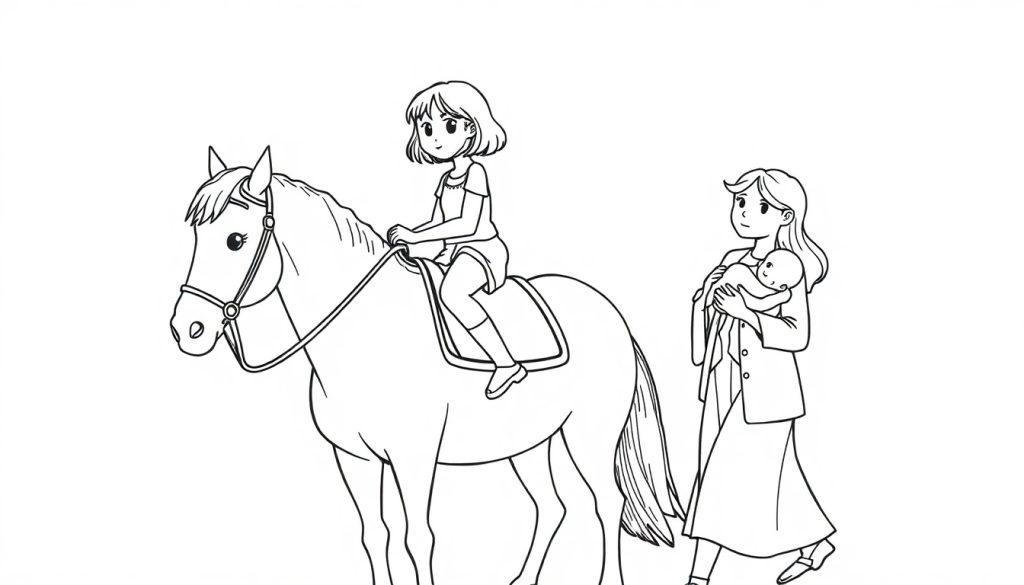 Kleurplaat met een meisje op een paard, haar mama en baby naast hen.