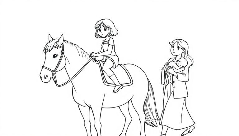 Kleurplaat met een meisje op een paard, haar mama en baby naast hen.