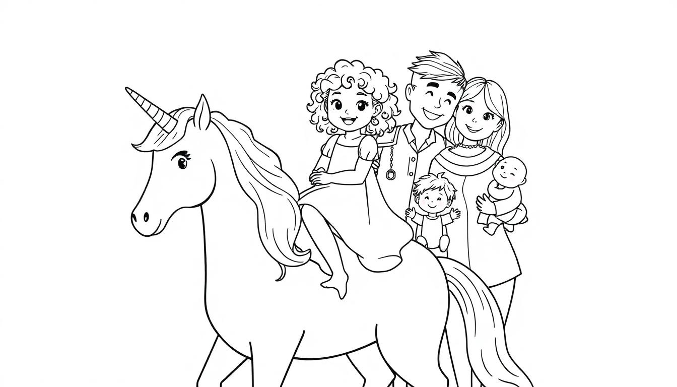 Kleurplaat van een schattige eenhoorn met een meisje en een familie, alles in zwart-wit.
