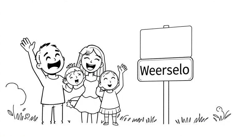 Kleurplaat van een vrolijk gezin dat naast een verkeersbord met 'Weerselo' staat, lachend en zwaaiend. De tekening is eenvoudig en kleurig, met gras en bloemen op de achtergrond.