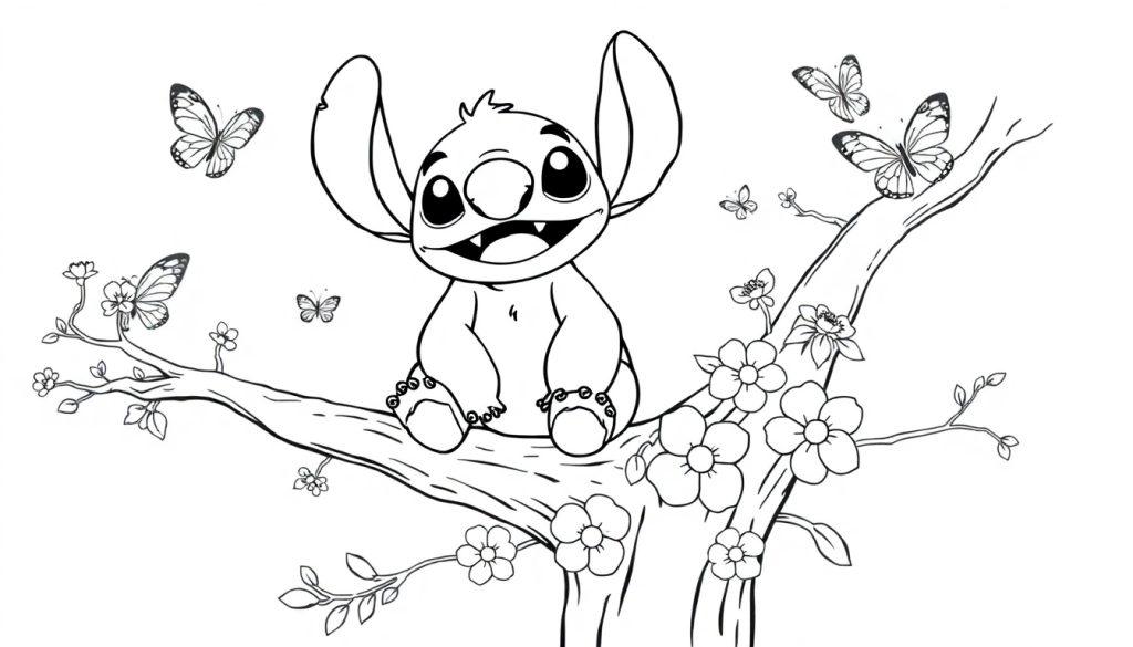 Zwart-wit kleurplaat van een schattig cartoonachtig dier met grote oren, glimlach, klauwen, zittend op een tak met bloemen en vlinders om zich heen, klaar om ingekleurd te worden.