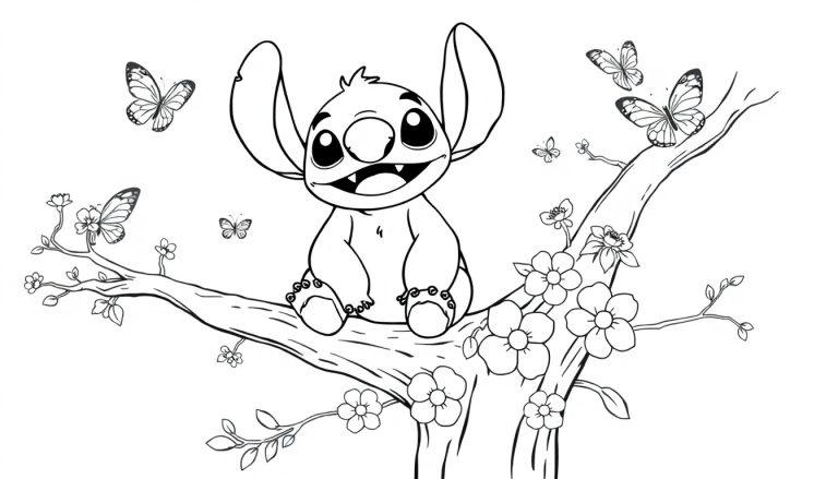 Zwart-wit kleurplaat van een schattig cartoonachtig dier met grote oren, glimlach, klauwen, zittend op een tak met bloemen en vlinders om zich heen, klaar om ingekleurd te worden.