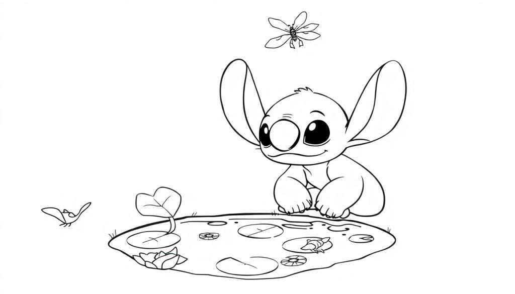 Een kleurplaat van een schattig, fantasierijk wezen met grote oren dat nieuwsgierig naar een kleine vijver kijkt, omgeven door waterlelies en kleine vliegende insecten.