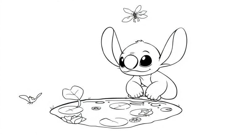 Een kleurplaat van een schattig, fantasierijk wezen met grote oren dat nieuwsgierig naar een kleine vijver kijkt, omgeven door waterlelies en kleine vliegende insecten.