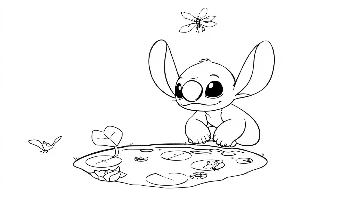 Een kleurplaat van een schattig, fantasierijk wezen met grote oren dat nieuwsgierig naar een kleine vijver kijkt, omgeven door waterlelies en kleine vliegende insecten.