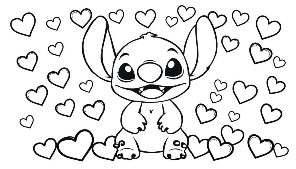 Zwart-wit kleurplaat van Stitch met grote oren en hartjes eromheen, geschikt om in te kleuren.
