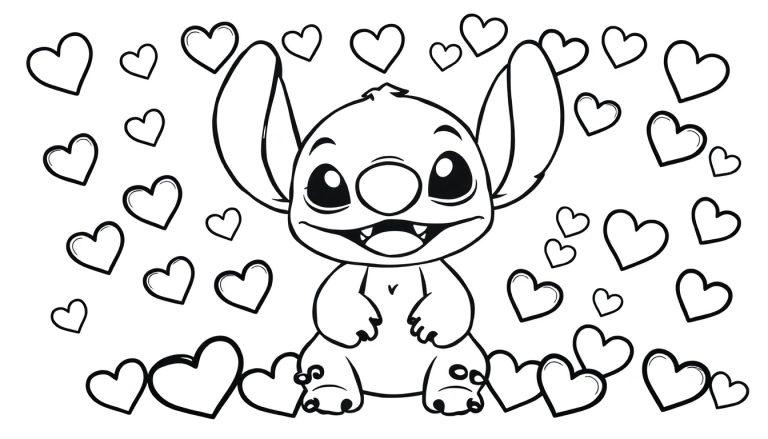 Zwart-wit kleurplaat van Stitch met grote oren en hartjes eromheen, geschikt om in te kleuren.