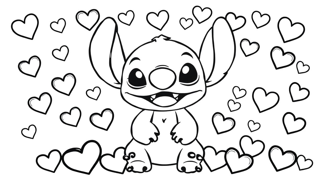 Zwart-wit kleurplaat van Stitch met grote oren en hartjes eromheen, geschikt om in te kleuren.