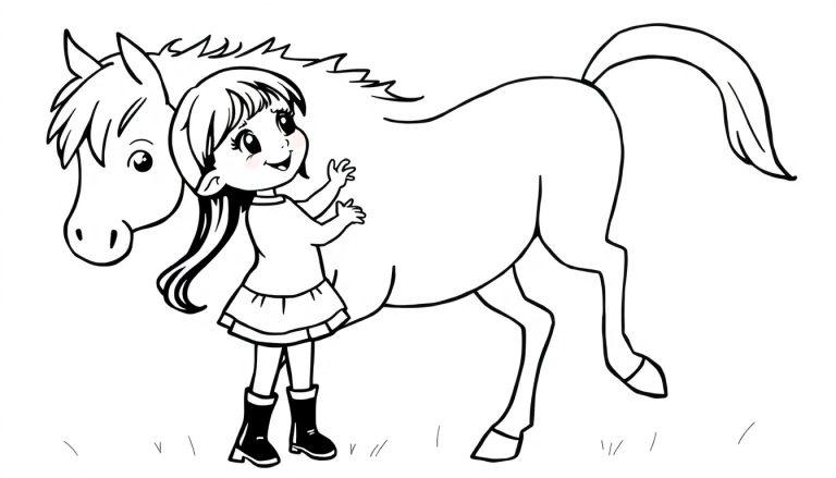 Kleurplaat van een vrolijk meisje dat haar paard aait