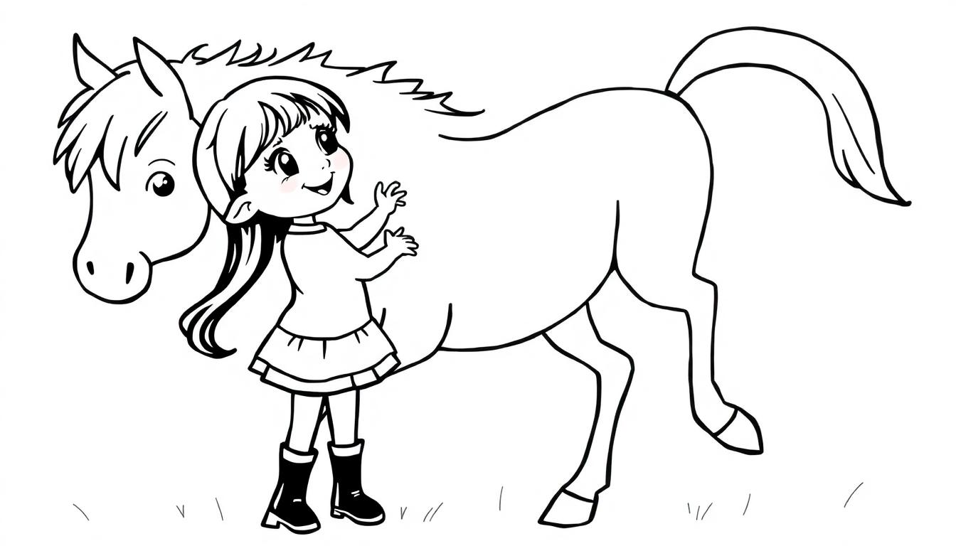 Kleurplaat van een vrolijk meisje dat haar paard aait