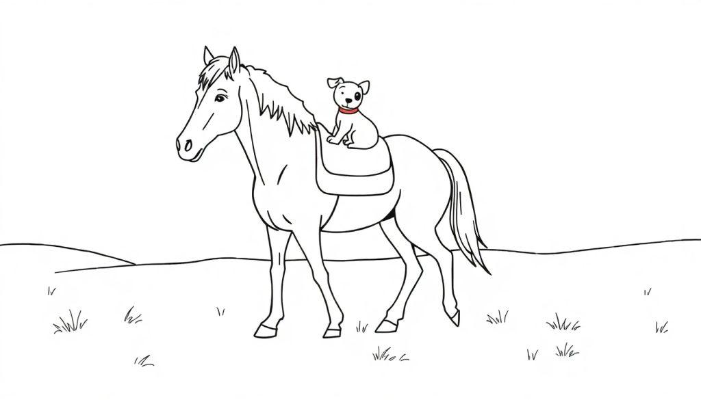 Kleurplaat van een paard met een hondje op zijn rug in een open veld