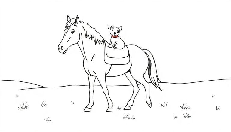 Kleurplaat van een paard met een hondje op zijn rug in een open veld