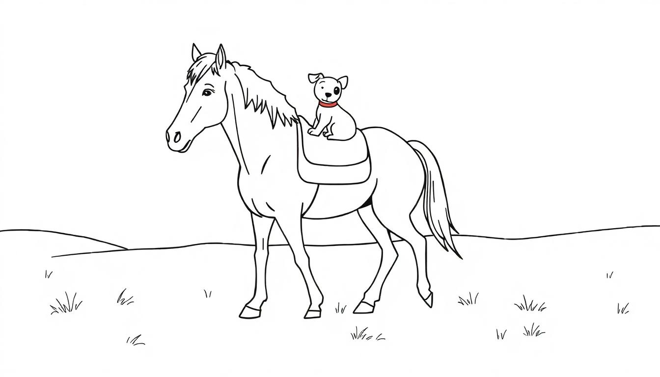 Kleurplaat van een paard met een hondje op zijn rug in een open veld