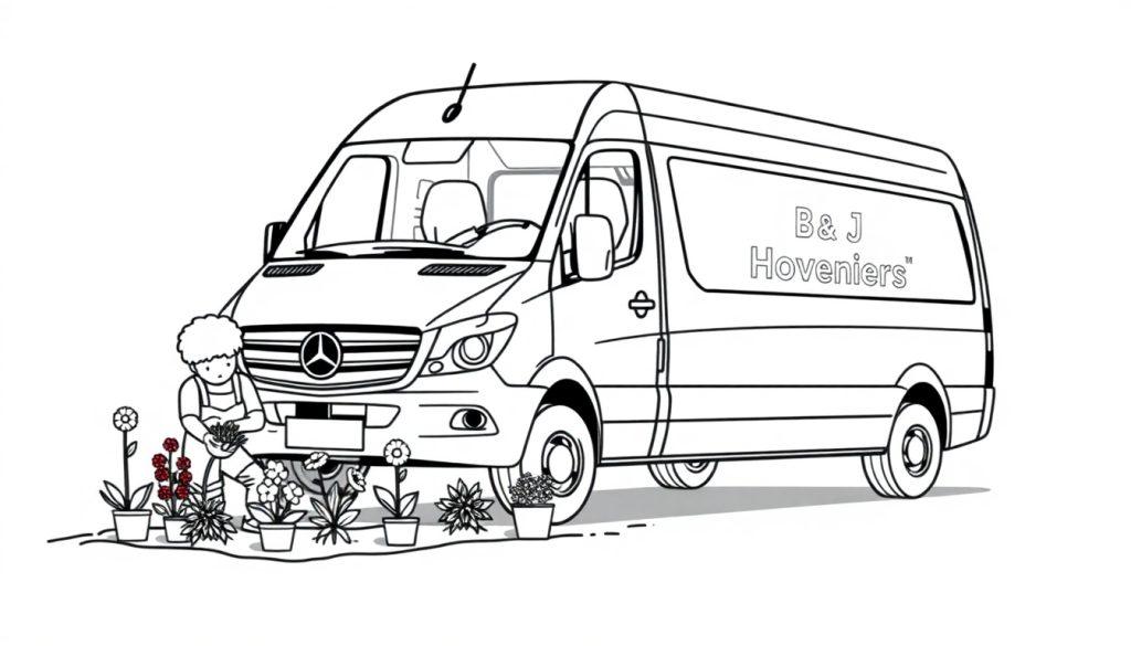 Kleurplaat van een Mercedes busje met een tuinbedrijf naam en een persoon die planten verzorgt
