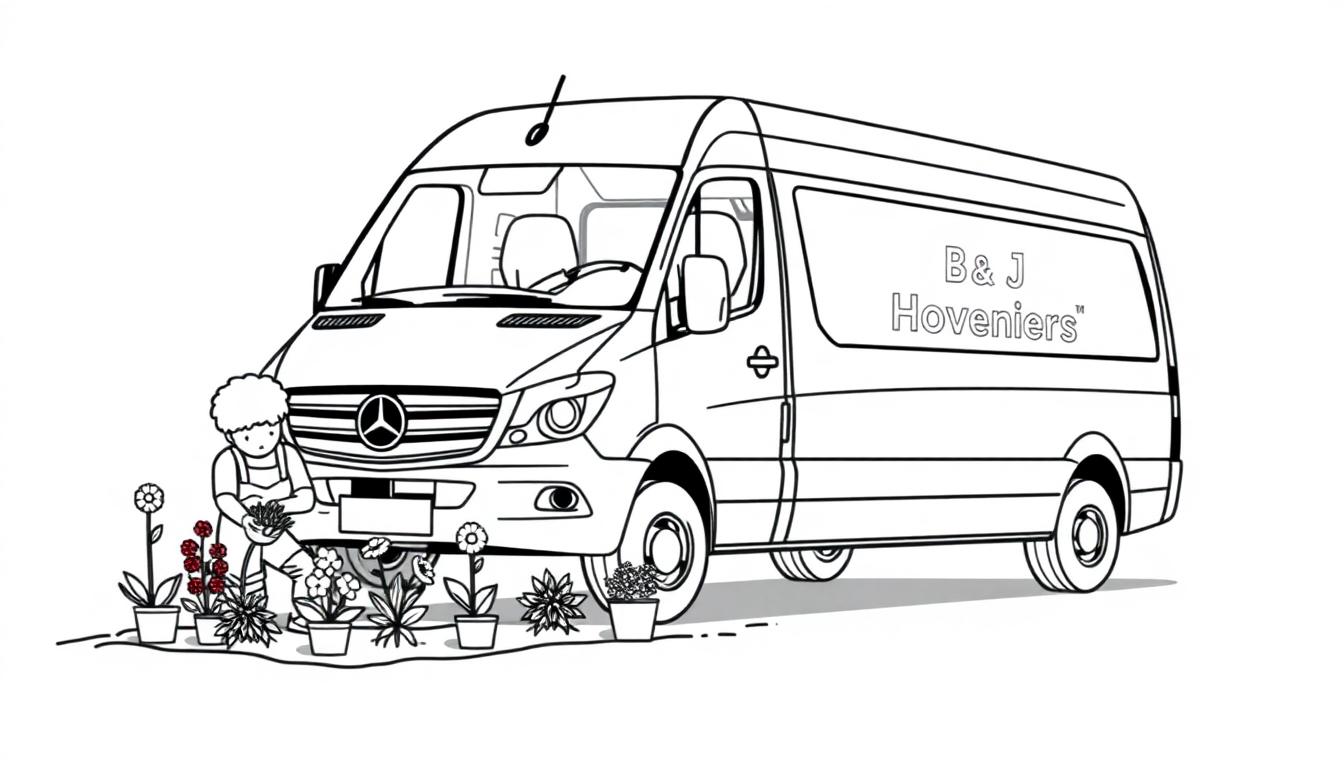 Kleurplaat van een Mercedes busje met een tuinbedrijf naam en een persoon die planten verzorgt
