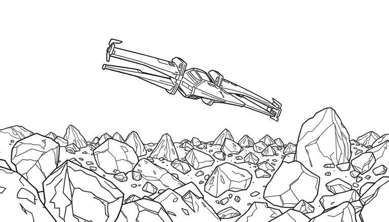 Zwart-witte kleurplaat van een futuristisch ruimteschip in de lucht boven scherpe rotsen