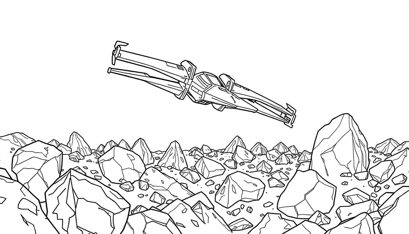 Zwart-witte kleurplaat van een futuristisch ruimteschip in de lucht boven scherpe rotsen