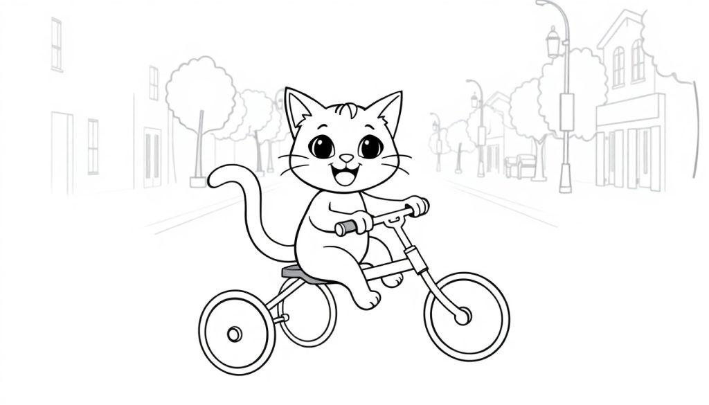 Kleurplaat van een vrolijke kat die op een driewieler fietst, met een straat, bomen en gebouwen op de achtergrond.