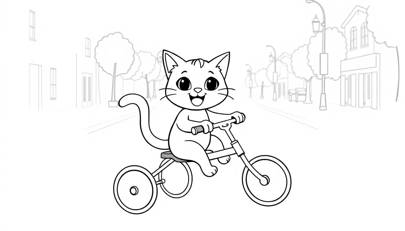Kleurplaat van een vrolijke kat die op een driewieler fietst, met een straat, bomen en gebouwen op de achtergrond.