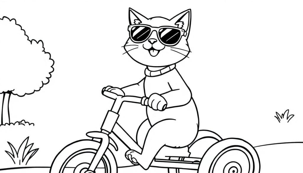Kleurplaat van een lachende kat met zonnebril die een driewieler bestuurt in een buitenomgeving.