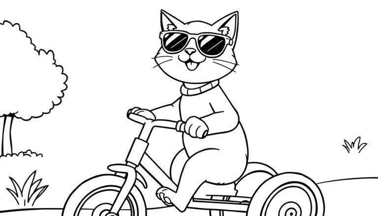 Kleurplaat van een lachende kat met zonnebril die een driewieler bestuurt in een buitenomgeving.