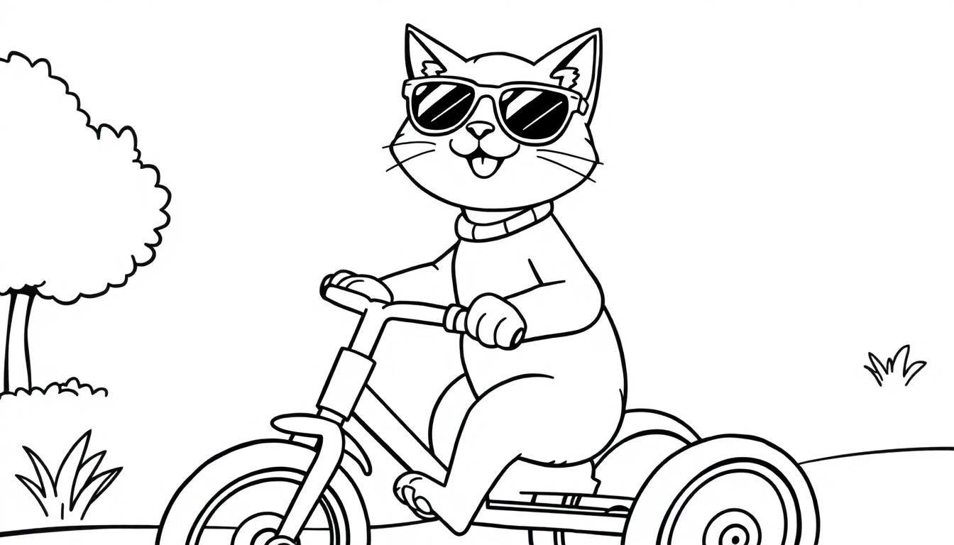 Kleurplaat van een lachende kat met zonnebril die een driewieler bestuurt in een buitenomgeving.