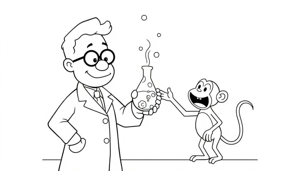Kleurplaat van een glimlachende wetenschapper in een lab die samen met een vrolijke aap met een beaker speelt.