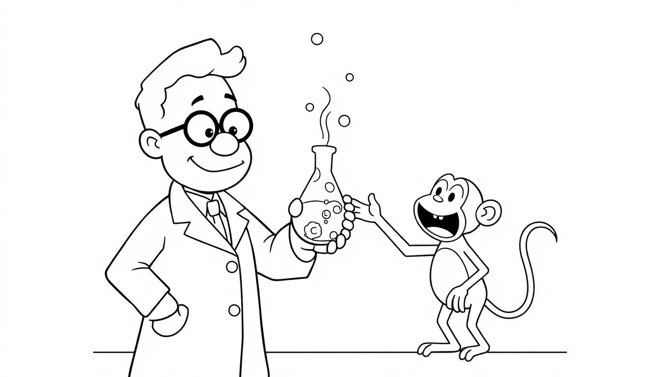 Kleurplaat van een glimlachende wetenschapper in een lab die samen met een vrolijke aap met een beaker speelt.
