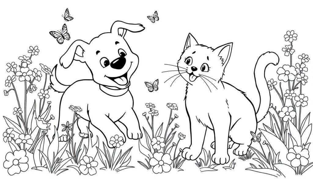 Kleurplaat van een vrolijke hond en kat die samen in een bloemenveld spelen, met vlinders erbij.