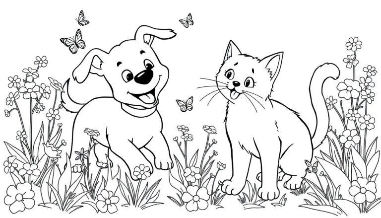 Kleurplaat van een vrolijke hond en kat die samen in een bloemenveld spelen, met vlinders erbij.