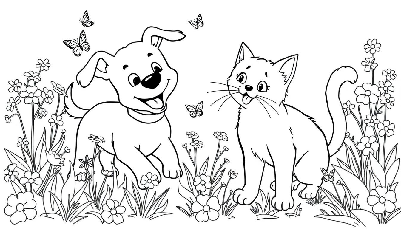 Kleurplaat van een vrolijke hond en kat die samen in een bloemenveld spelen, met vlinders erbij.