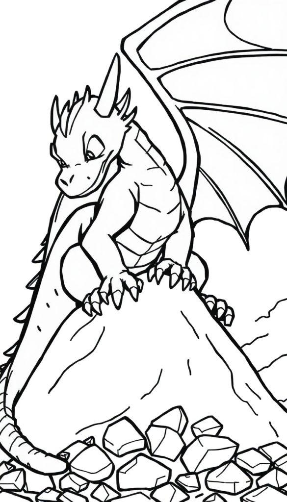 Kleurplaat van een vriendelijke draak die op een grote rots zit, met verspreide stenen eronder.