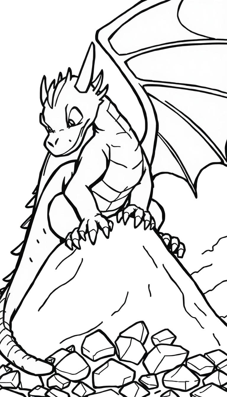 Kleurplaat van een vriendelijke draak die op een grote rots zit, met verspreide stenen eronder.