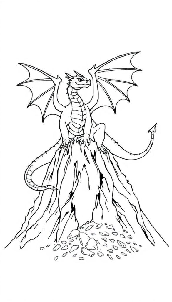 Kleurplaat van een draak die op een berg zit, met grote vleugels en een scherpe staart.