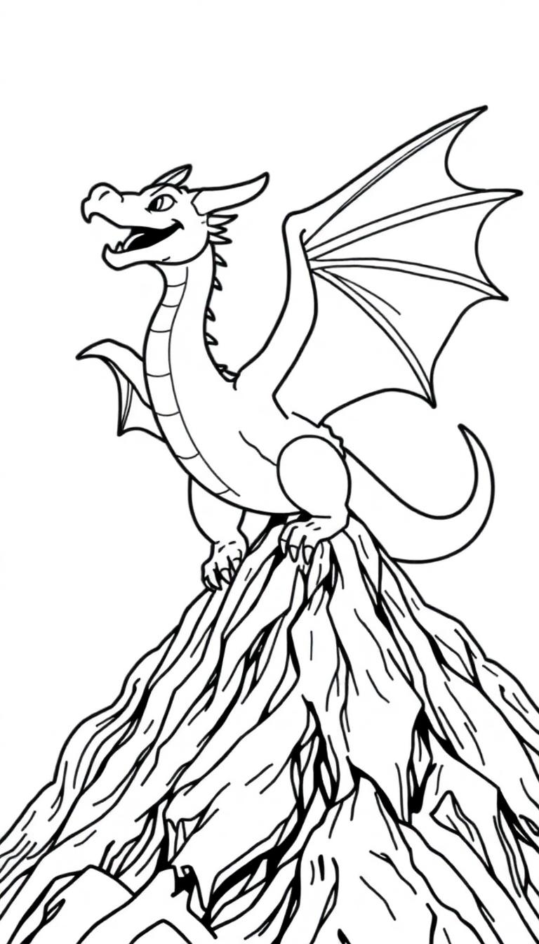 Kleurplaat van een vriendelijke draak die op een berg staat met glinsterend goud om zich heen.