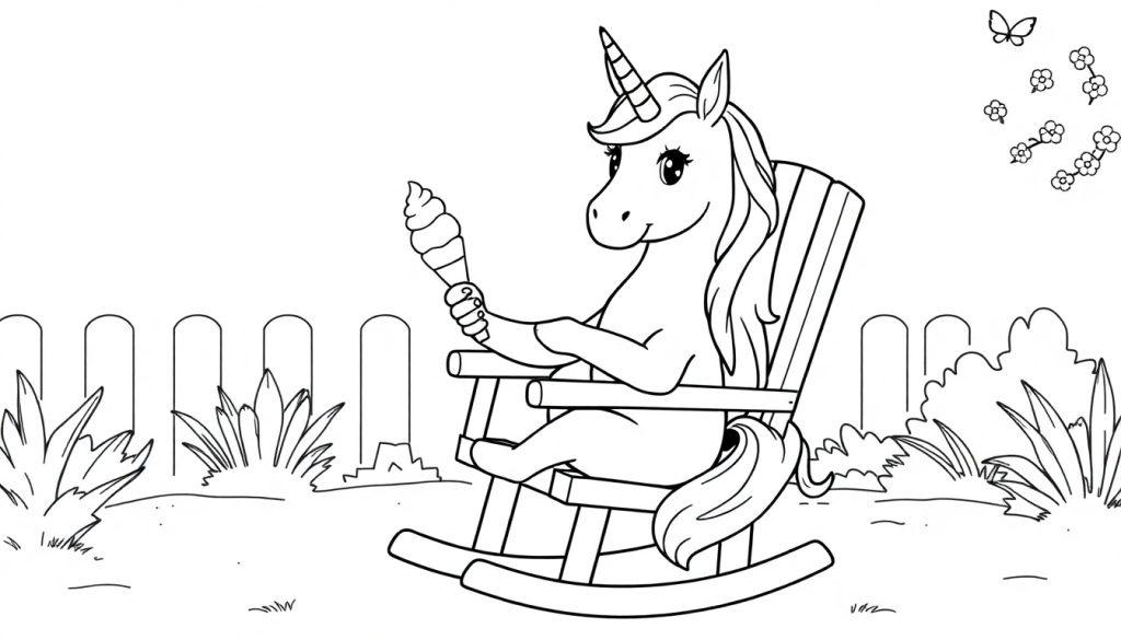Een zwart-witte kleurplaat van een eenhoorn die in een schommelstoel zit en een ijsje eet, met bloemen, een hek, struiken en vlinders op de achtergrond.