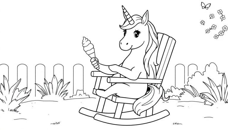 Een zwart-witte kleurplaat van een eenhoorn die in een schommelstoel zit en een ijsje eet, met bloemen, een hek, struiken en vlinders op de achtergrond.