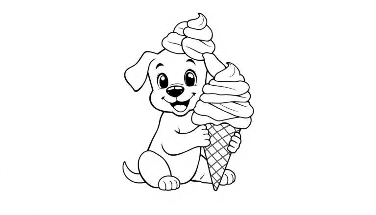 Zwart-wit kleurplaat van een schattige puppy die een grote softijs met veel bolletjes vasthoudt. De puppy kijkt blij en heeft grote vriendelijke ogen.