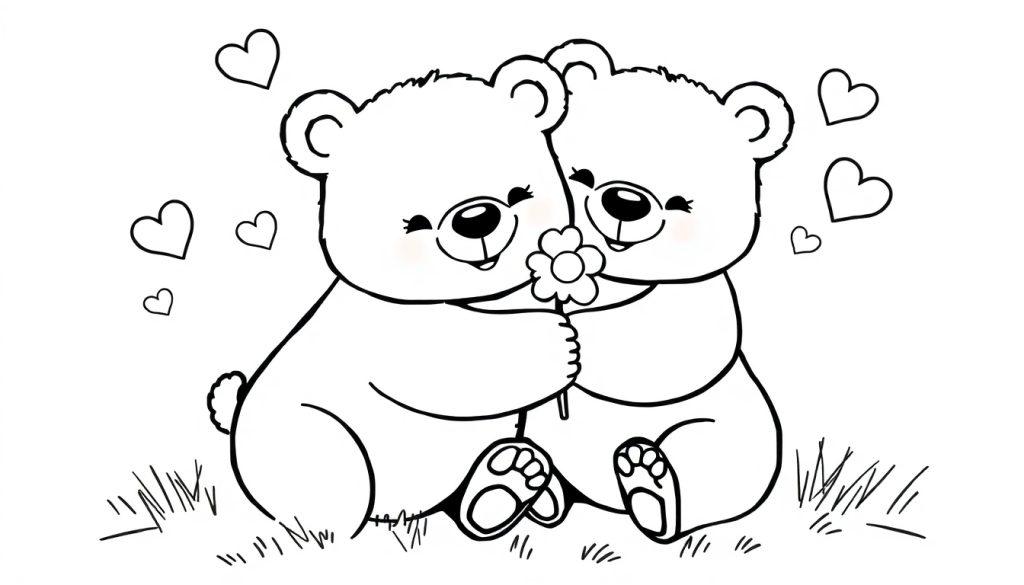 Een kleurplaat van twee schattige teddyberen die elkaar omhelzen, in het gras met hartjes rondom, klaar om ingekleurd te worden.
