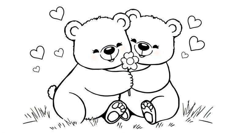 Een kleurplaat van twee schattige teddyberen die elkaar omhelzen, in het gras met hartjes rondom, klaar om ingekleurd te worden.
