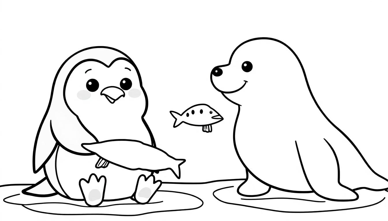 Kleurplaat van een schattige pinguïn en een zeehond die samen op een ijsblokje staan, met een vis in de hand van de pinguïn en een visje in de lucht, alles in een kleurrijke en simpele stijl voor kinderen.