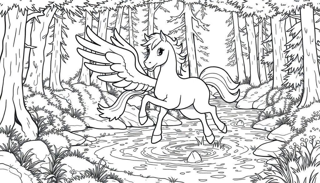 Zwart-wit kleurplaat van een Pegasus die door een boslandschap danst, omringd door hoge bomen en een kabbelend beekje.