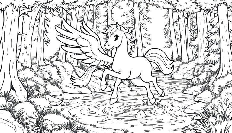 Zwart-wit kleurplaat van een Pegasus die door een boslandschap danst, omringd door hoge bomen en een kabbelend beekje.