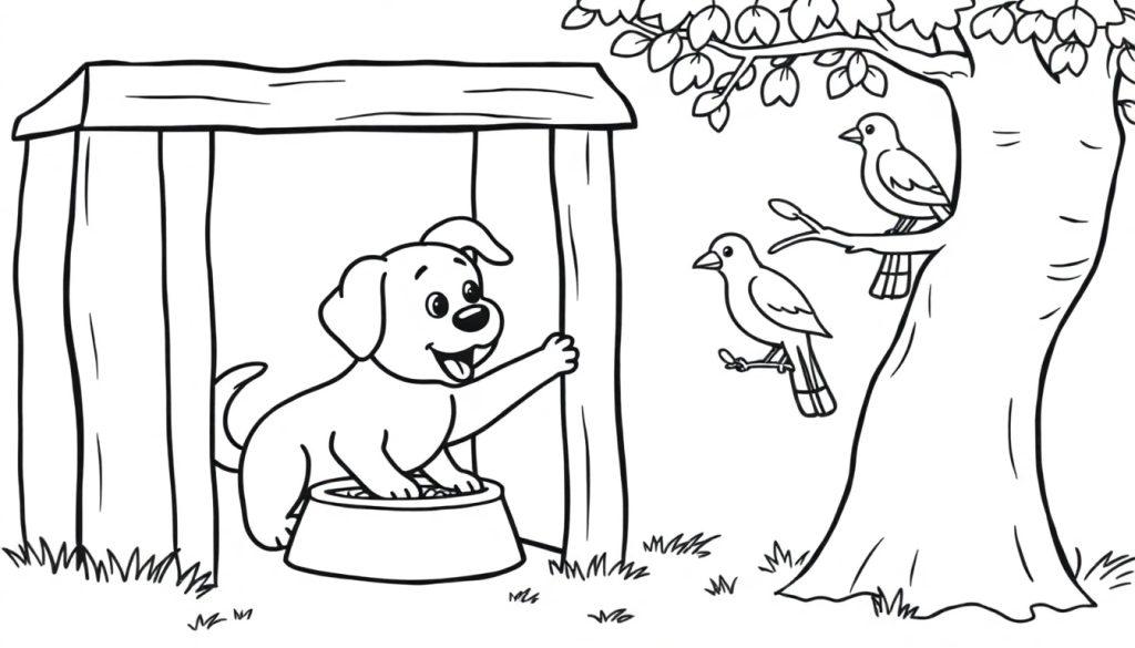 Een vrolijke jonge hond zwaait met één poot in zijn hondenhok, naast een boom met vogels op takken. Het lijkt een vrolijke kleurplaat voor kinderen.